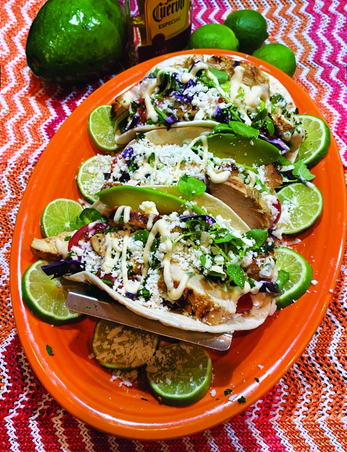 Tequila-Lime Chicken Tacos with Creamy Cilantro-Jalapeño Sauce